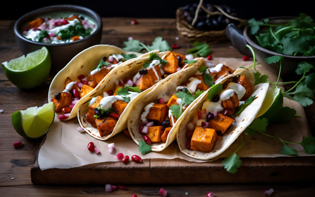 Three vegetarian sweet potato tacos garnished with fresh herbs, lime, and a creamy sauce, served on a wooden board.